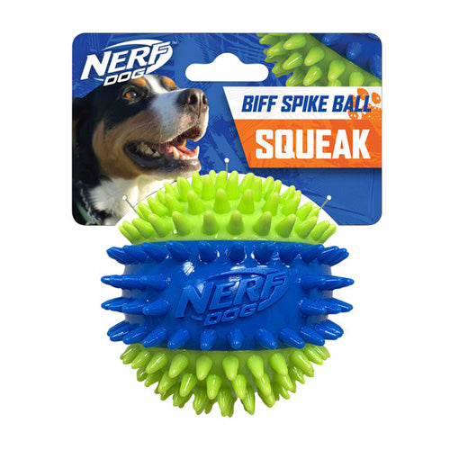 NERF DOG TPR 3-PART SPIKE BIFF SQUEAK BALL -GREEN/BLUE
