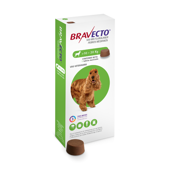 BRAVECTO 500 MG X 1 TABLETA (10KG A 20KG) VERDE