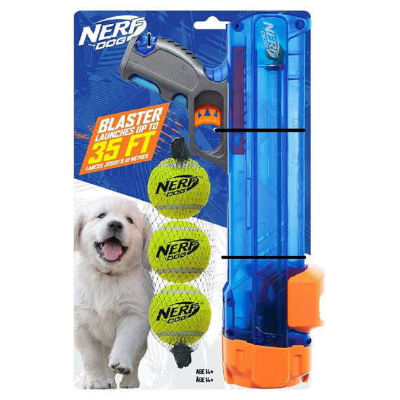 NERF TRANSALUCENT BLASTER & THREE 2IN TENNIS BALLS-BLUE,ORANGE,GRAY AND GREEN