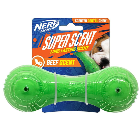 NERF 7 IN TPR/PP SCENTED BEEF SUPER SCENT BARBELL SOLIDCORE- GREEN/ CLEAR